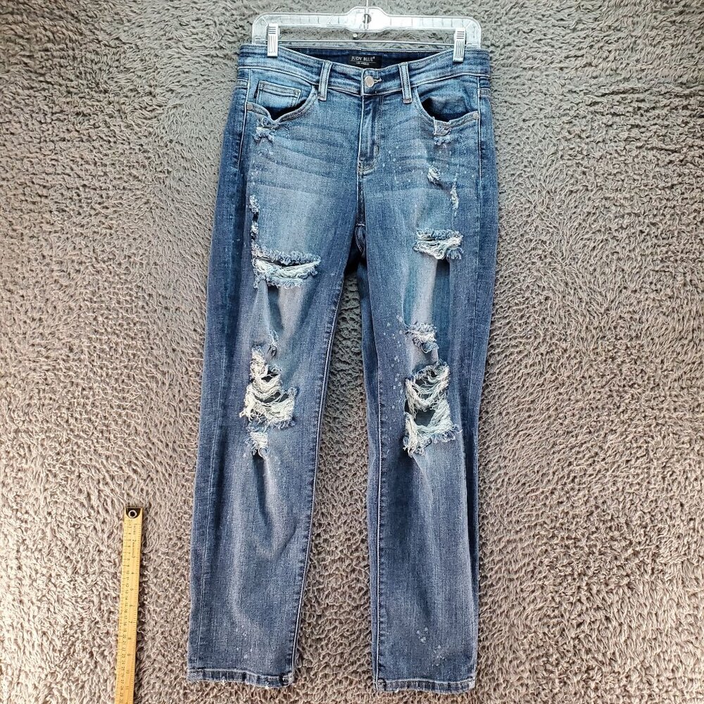 Judy Blue Jeans Womens 9/29 Blue Boyfriend Fit Distressed Cotton Blend